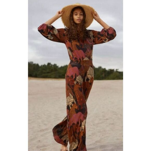 Farm Rio for Anthropologie Animalia Mirana Jumpsuit XS Jumper Romper in Brown Mo - Picture 6 of 14